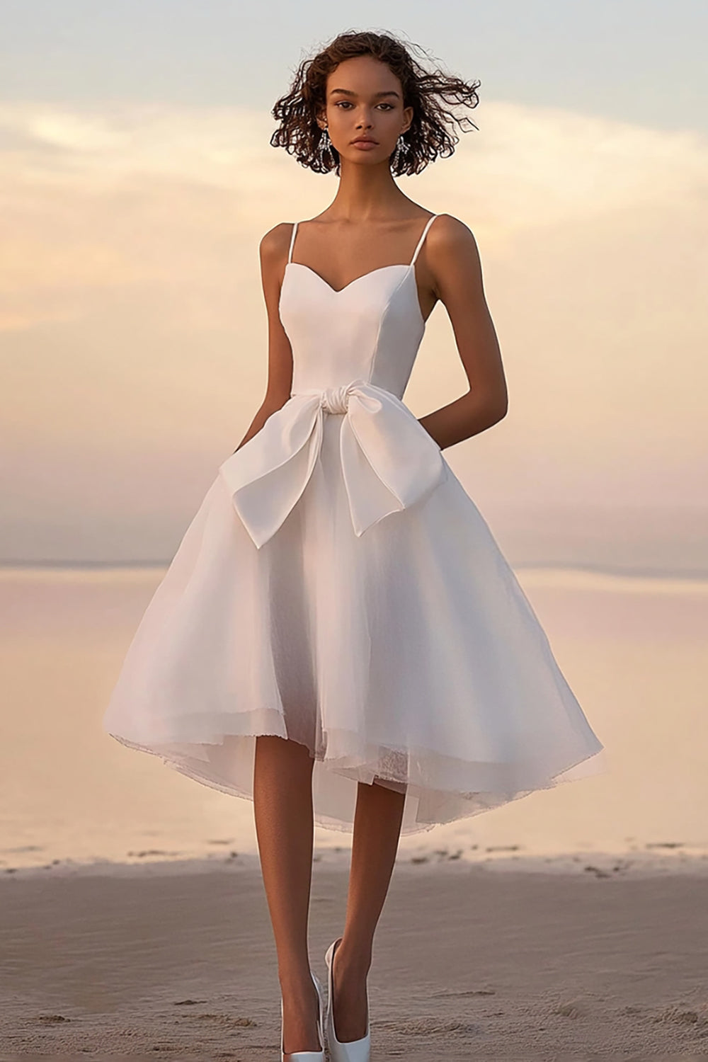 A Line Spaghetti Straps White Graduation Dress With Bows