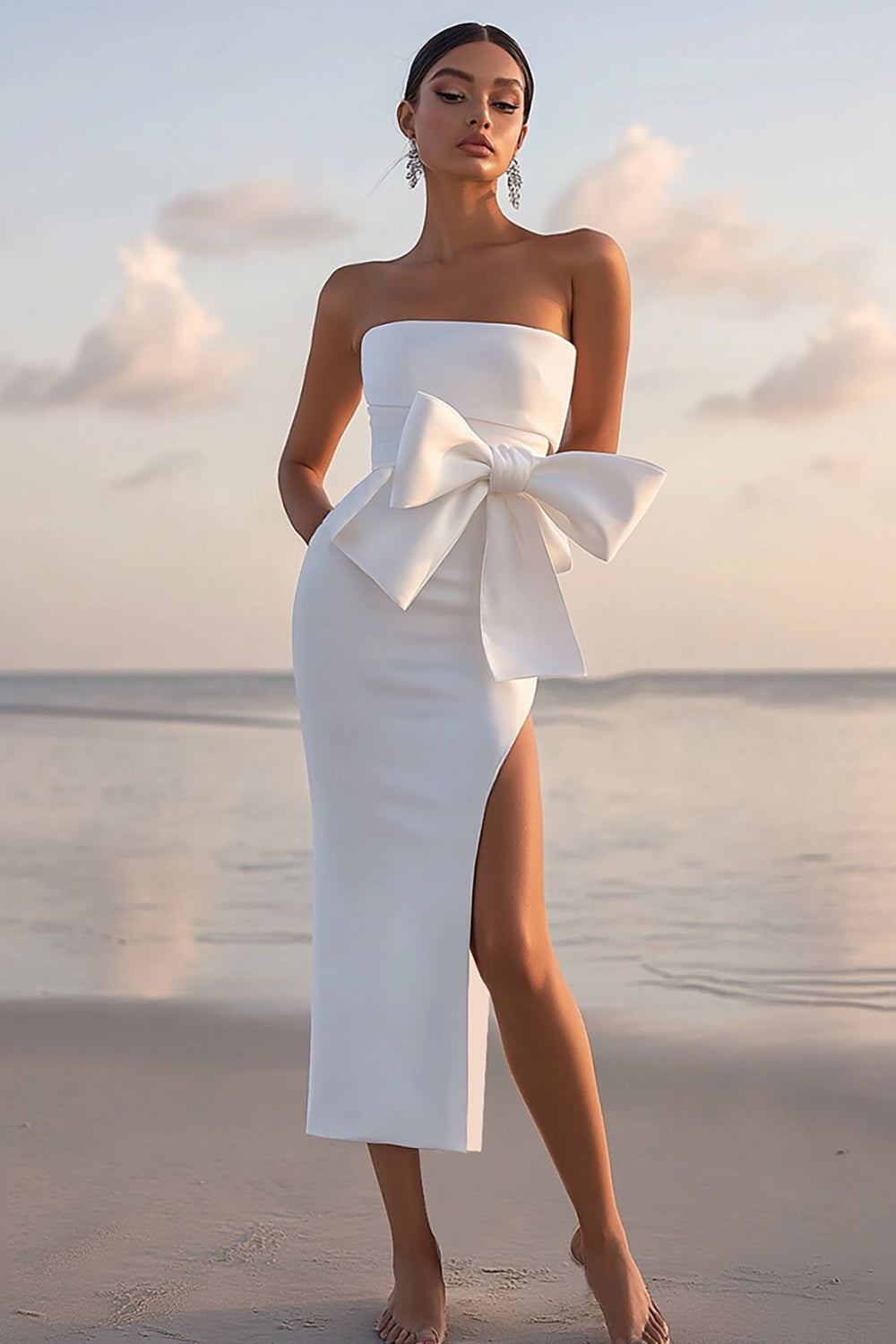 White Sheath Bow Strapless Graduation Dress With Slit