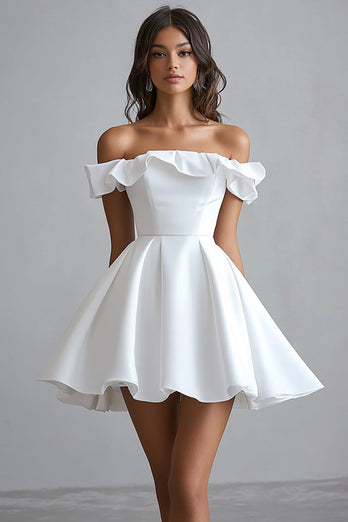 A Line Off The Shoulder Mini White Graduation Dress