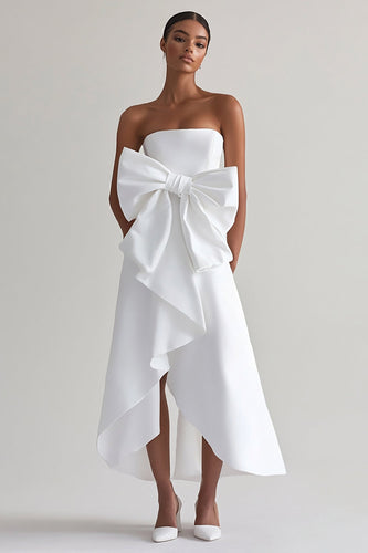 White A Line Strapless Ruffled Graduation Dress With Bow