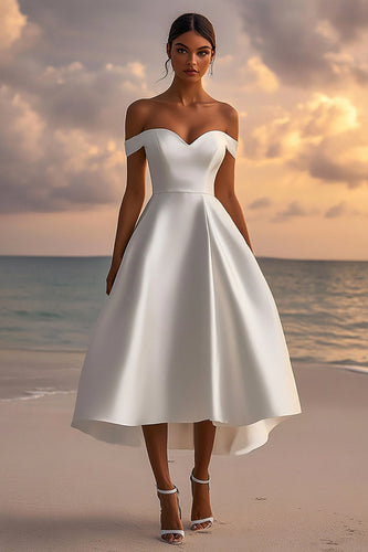 Satin Off The Shoulder A Line White Graduation Dress