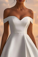 Load image into Gallery viewer, Satin Off The Shoulder A Line White Graduation Dress