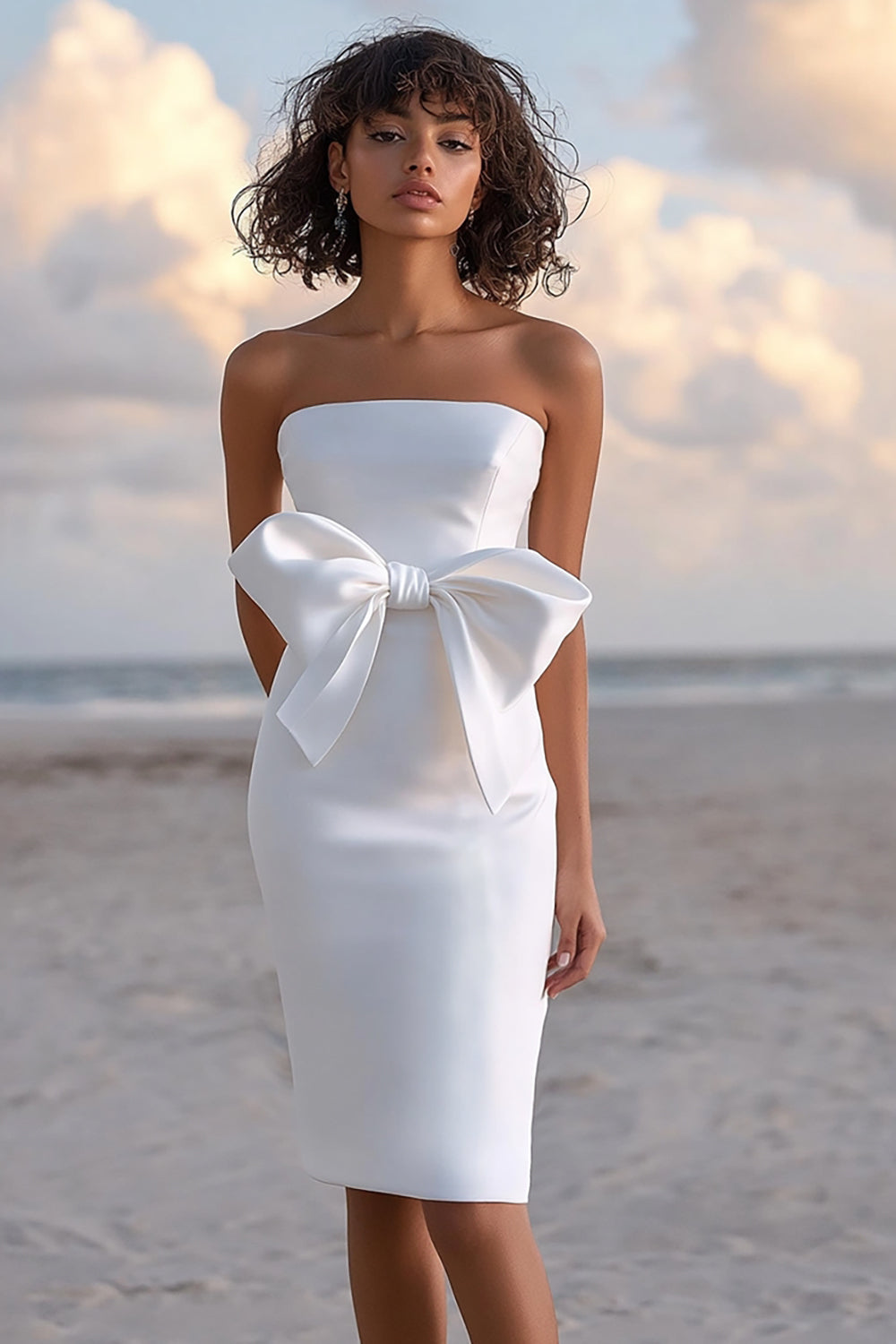 Strapless White Satin Graduation Dress With Bow