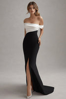 Load image into Gallery viewer, Matte Satin Sheath Off the Shoulder Black Tie Dress