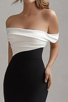 Load image into Gallery viewer, Matte Satin Sheath Off the Shoulder Black Tie Dress