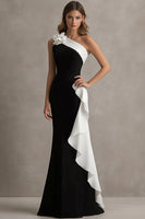 Load image into Gallery viewer, One Shoulder Mermaid Ruffles Long Black Tie Dress