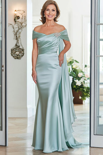 Mint Off The Shoulder Mermaid Ruched Long Mother Of Bride Dress