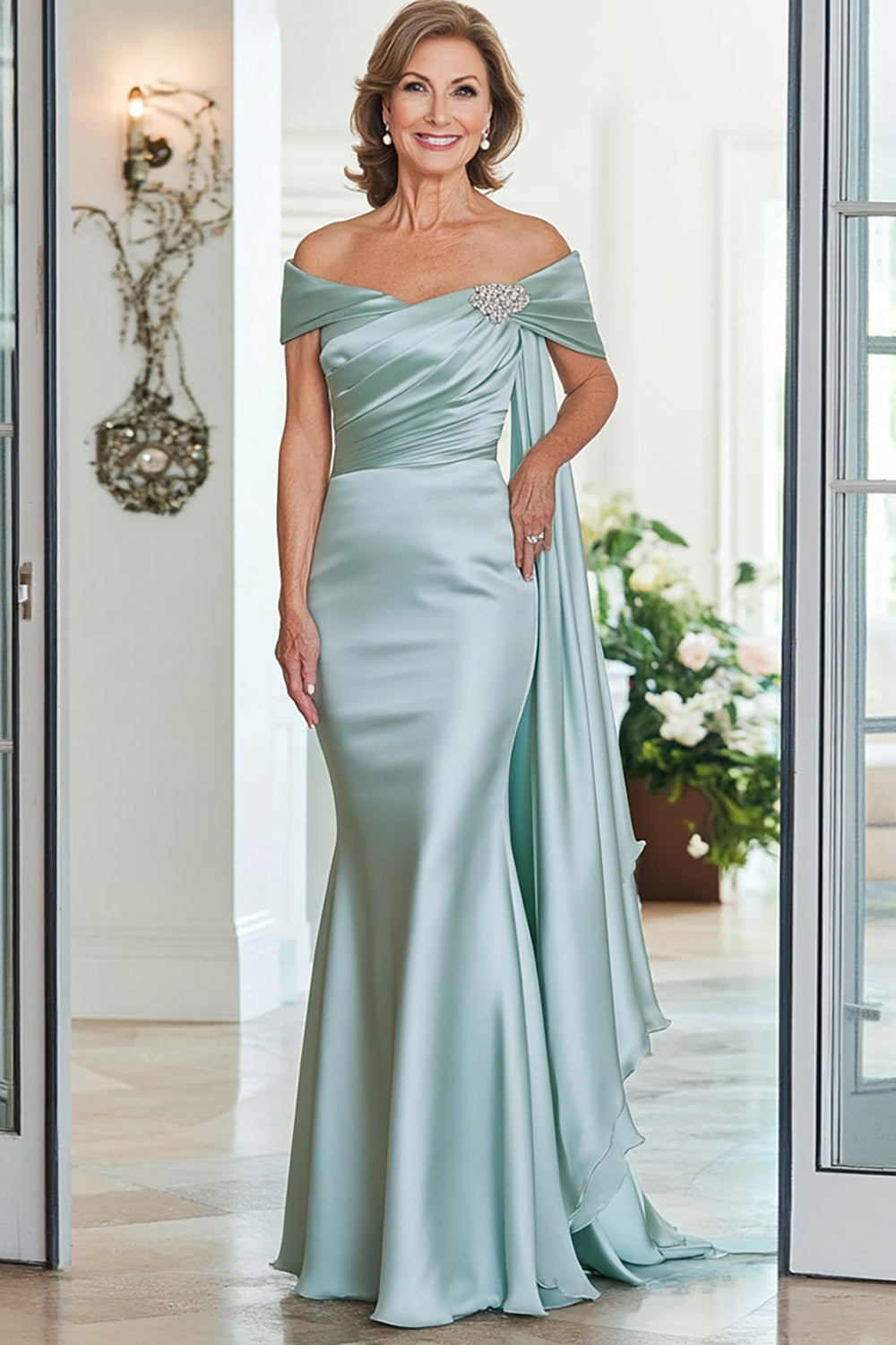 Mint Off The Shoulder Mermaid Ruched Long Mother Of Bride Dress