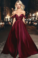 Load image into Gallery viewer, Off The Shoulder Burgundy A Line Long Satin Prom Dress