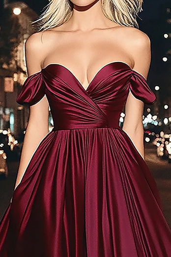 Off The Shoulder Burgundy A Line Long Satin Prom Dress