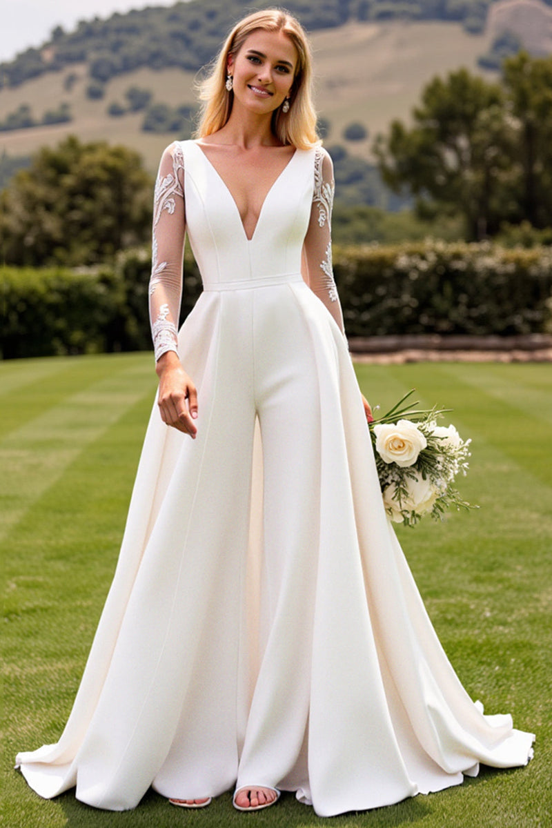 Load image into Gallery viewer, White Deep V Neck Long Sleeve Satin Bridal Jumpsuit