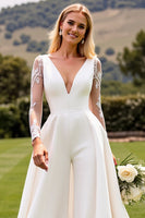 Load image into Gallery viewer, White Deep V Neck Long Sleeve Satin Bridal Jumpsuit