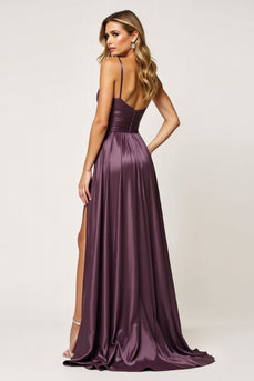 A Line Purple Spaghetti Straps Cut Out Satin Prom Dress