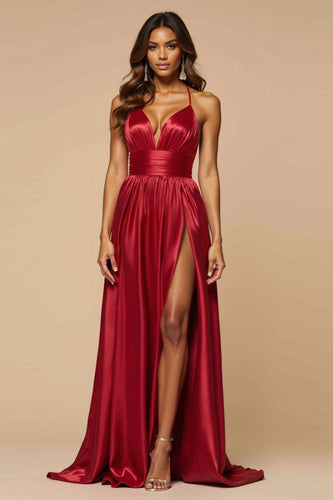 Dark Red A Line Spaghetti Straps Pleated Long Prom Dress with Slit