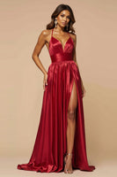 Load image into Gallery viewer, Dark Red A Line Spaghetti Straps Pleated Long Prom Dress with Slit