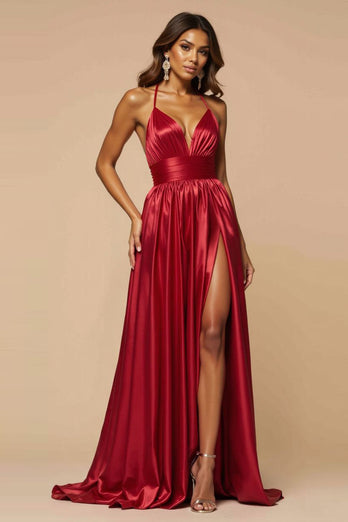 Dark Red A Line Spaghetti Straps Pleated Long Prom Dress with Slit