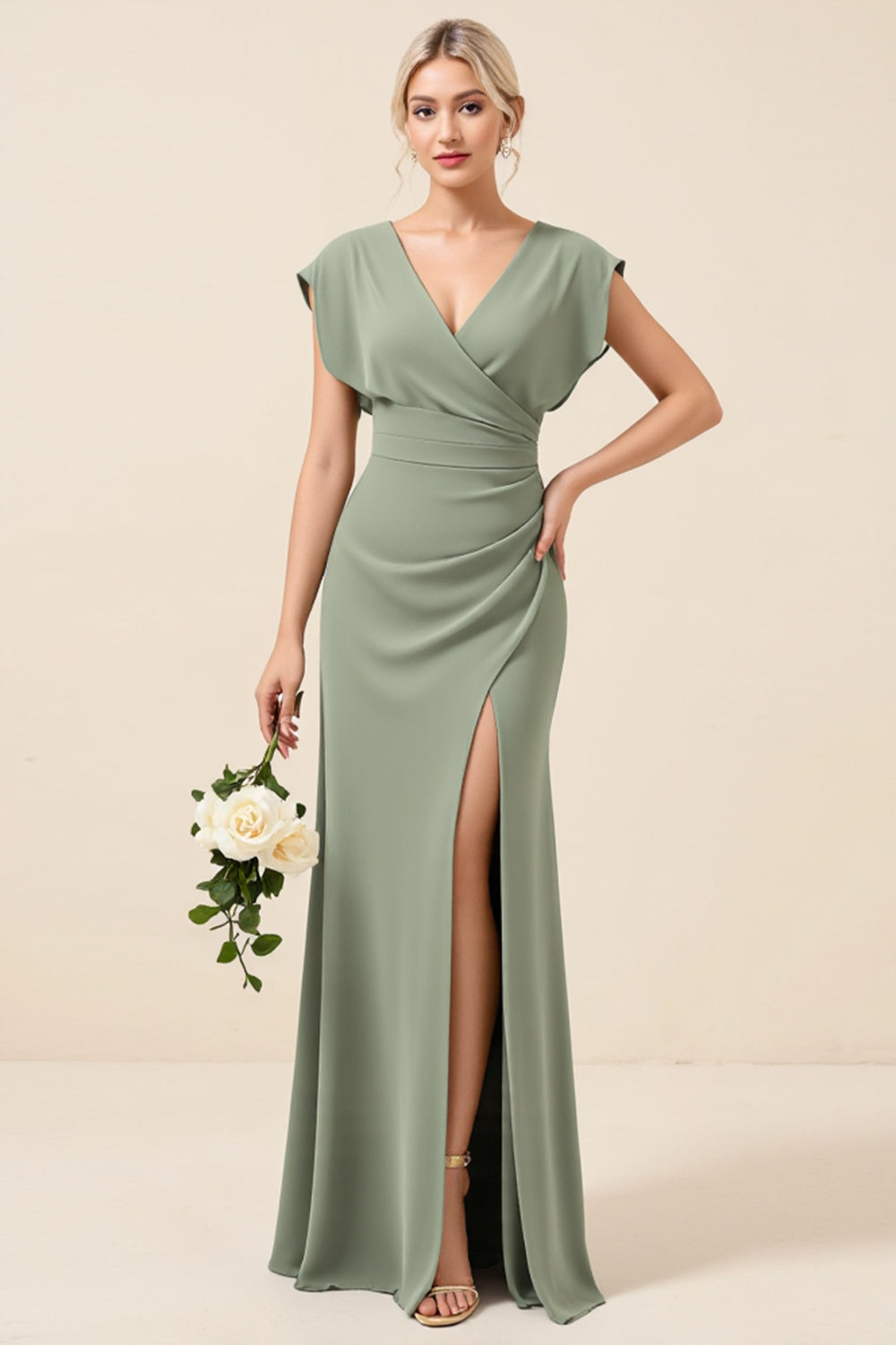 Chiffon V Neck Long Eucalyptus Bridesmaid Dress With Slit