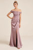 Load image into Gallery viewer, Off the Shoulder Vintage Mauve Sheath Ruched Long Bridesmaid Dress