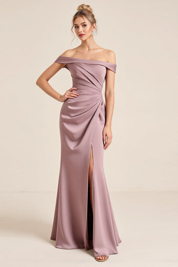 Off the Shoulder Vintage Mauve Sheath Ruched Long Bridesmaid Dress
