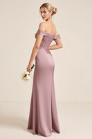 Load image into Gallery viewer, Off the Shoulder Vintage Mauve Sheath Ruched Long Bridesmaid Dress