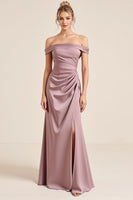 Load image into Gallery viewer, Off the Shoulder Vintage Mauve Sheath Ruched Long Bridesmaid Dress