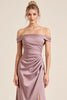 Load image into Gallery viewer, Off the Shoulder Vintage Mauve Sheath Ruched Long Bridesmaid Dress