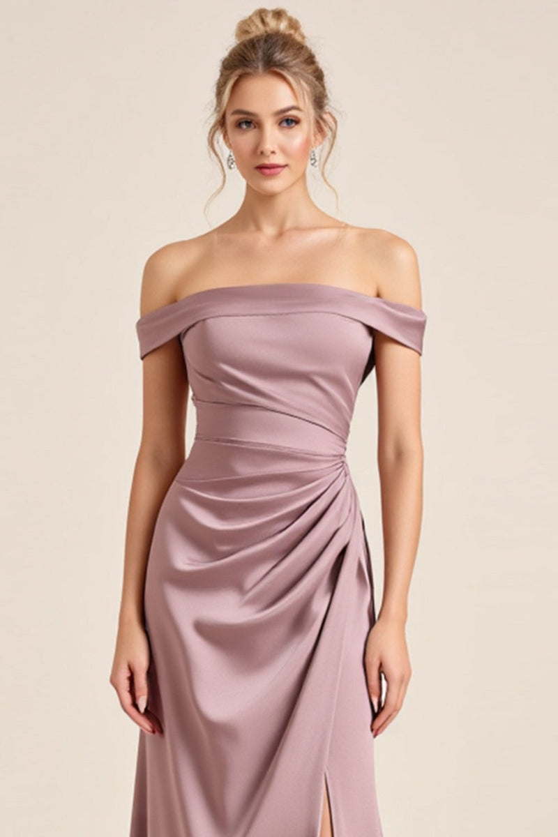 Load image into Gallery viewer, Off the Shoulder Vintage Mauve Sheath Ruched Long Bridesmaid Dress