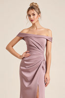 Load image into Gallery viewer, Off the Shoulder Vintage Mauve Sheath Ruched Long Bridesmaid Dress