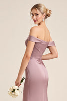 Load image into Gallery viewer, Off the Shoulder Vintage Mauve Sheath Ruched Long Bridesmaid Dress