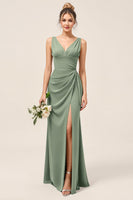 Load image into Gallery viewer, Eucalyptus V Neck Sheath Ruched Long Bridesmaid Dress with Slit