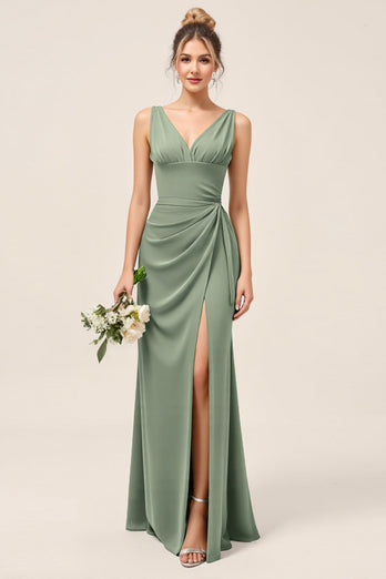 Eucalyptus V Neck Sheath Ruched Long Bridesmaid Dress with Slit