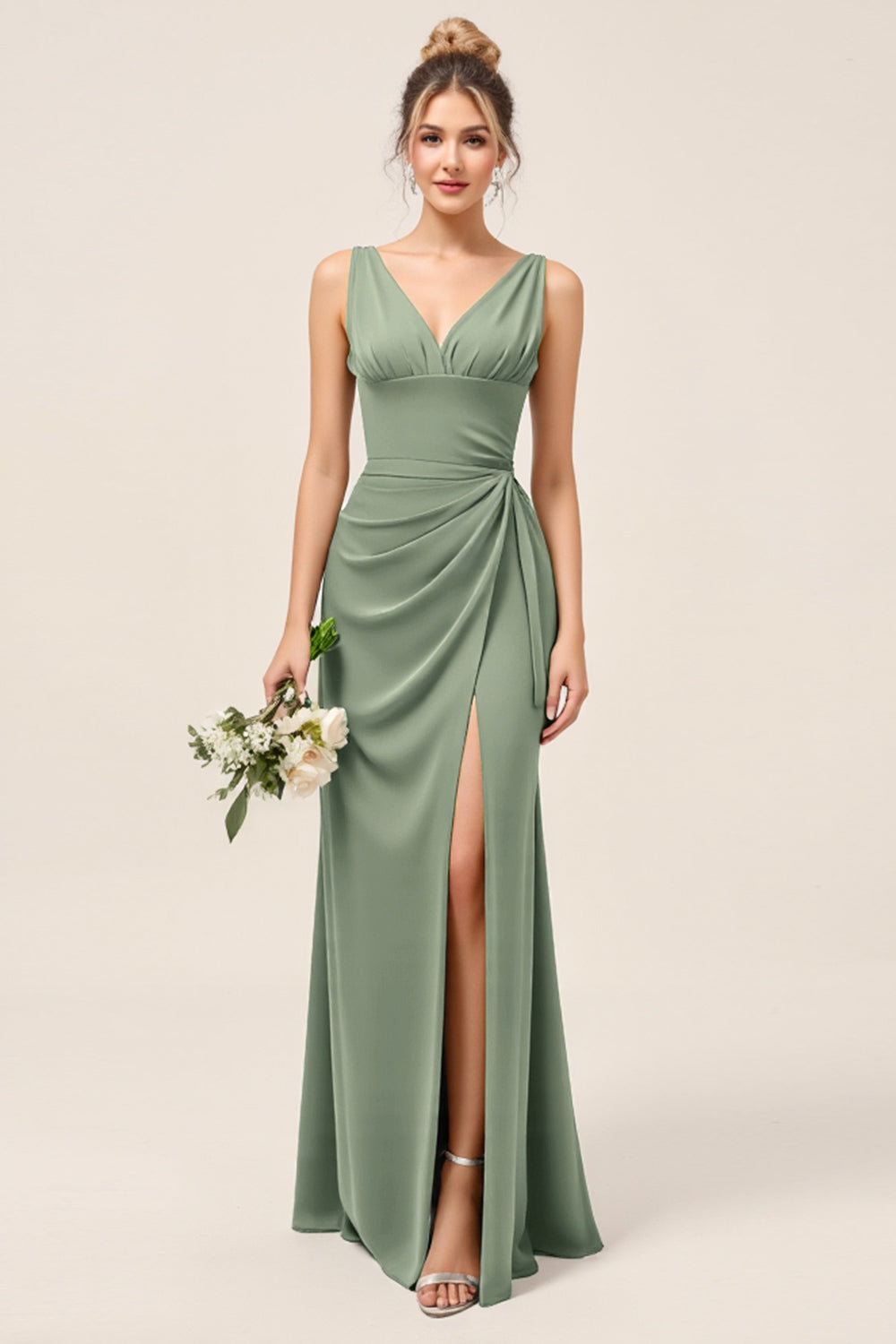 Eucalyptus V Neck Sheath Ruched Long Bridesmaid Dress with Slit