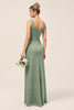 Load image into Gallery viewer, Eucalyptus V Neck Sheath Ruched Long Bridesmaid Dress with Slit