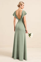 Load image into Gallery viewer, Sheath V Neck Ruffles Sleeves Matcha Long Bridesmaid Dress with Slit