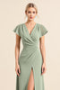 Load image into Gallery viewer, Sheath V Neck Ruffles Sleeves Matcha Long Bridesmaid Dress with Slit