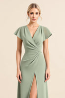 Load image into Gallery viewer, Sheath V Neck Ruffles Sleeves Matcha Long Bridesmaid Dress with Slit