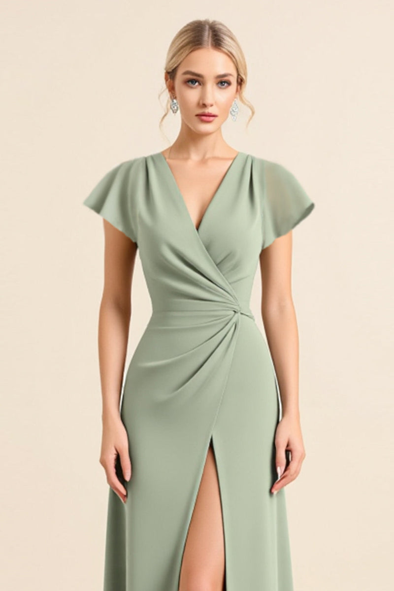 Load image into Gallery viewer, Sheath V Neck Ruffles Sleeves Matcha Long Bridesmaid Dress with Slit