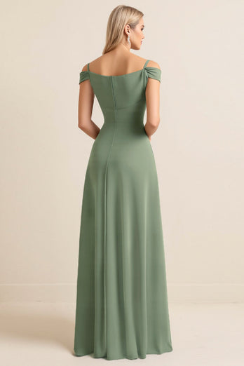 Cold Shoulder Eucalyptus Sheath Ruched Long Bridesmaid Dress with Slit