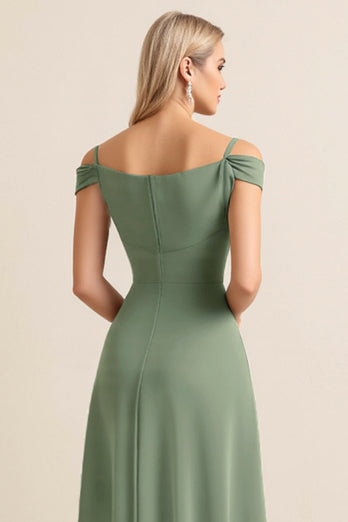 Cold Shoulder Eucalyptus Sheath Ruched Long Bridesmaid Dress with Slit