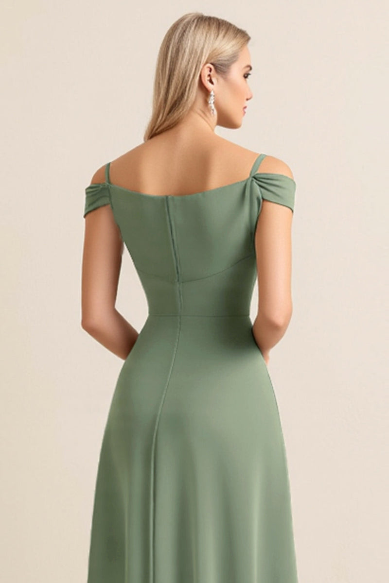 Load image into Gallery viewer, Cold Shoulder Eucalyptus Sheath Ruched Long Bridesmaid Dress with Slit