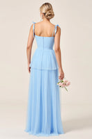 Load image into Gallery viewer, Sky Blue A Line Tulle Long Bridesmaid Dress with Slit