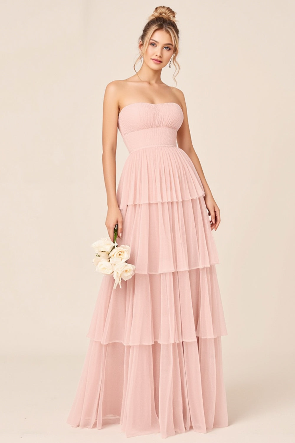 Candy Pink Strapless Ruffles Long Bridesmaid Dress