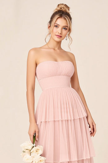 Candy Pink Strapless Ruffles Long Bridesmaid Dress