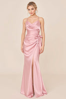 Load image into Gallery viewer, Blush Pink Satin Spaghetti Straps Long Brideamaid Dress