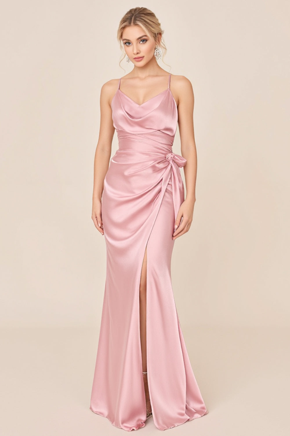 Blush Pink Satin Spaghetti Straps Long Brideamaid Dress