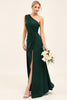 Load image into Gallery viewer, One Shoulder Pine Ruched Long Bridesmaid Dress with Slit