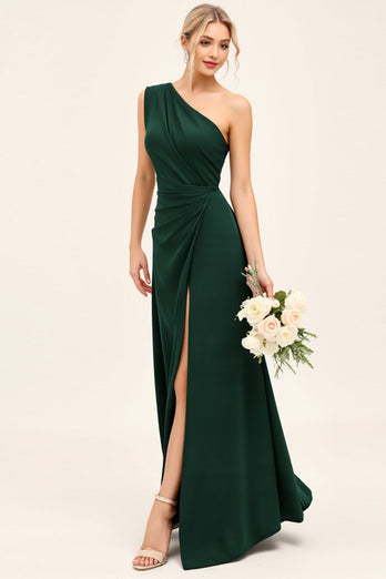 One Shoulder Pine Ruched Long Bridesmaid Dress with Slit