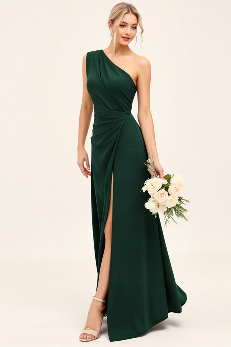 Load image into Gallery viewer, One Shoulder Pine Ruched Long Bridesmaid Dress with Slit