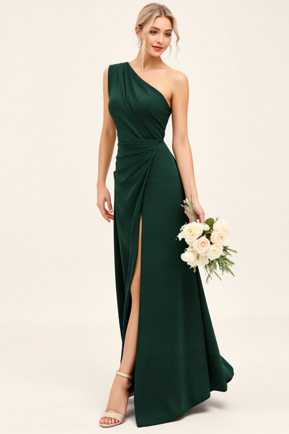One Shoulder Pine Ruched Long Bridesmaid Dress with Slit