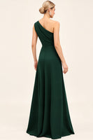 Load image into Gallery viewer, One Shoulder Pine Ruched Long Bridesmaid Dress with Slit